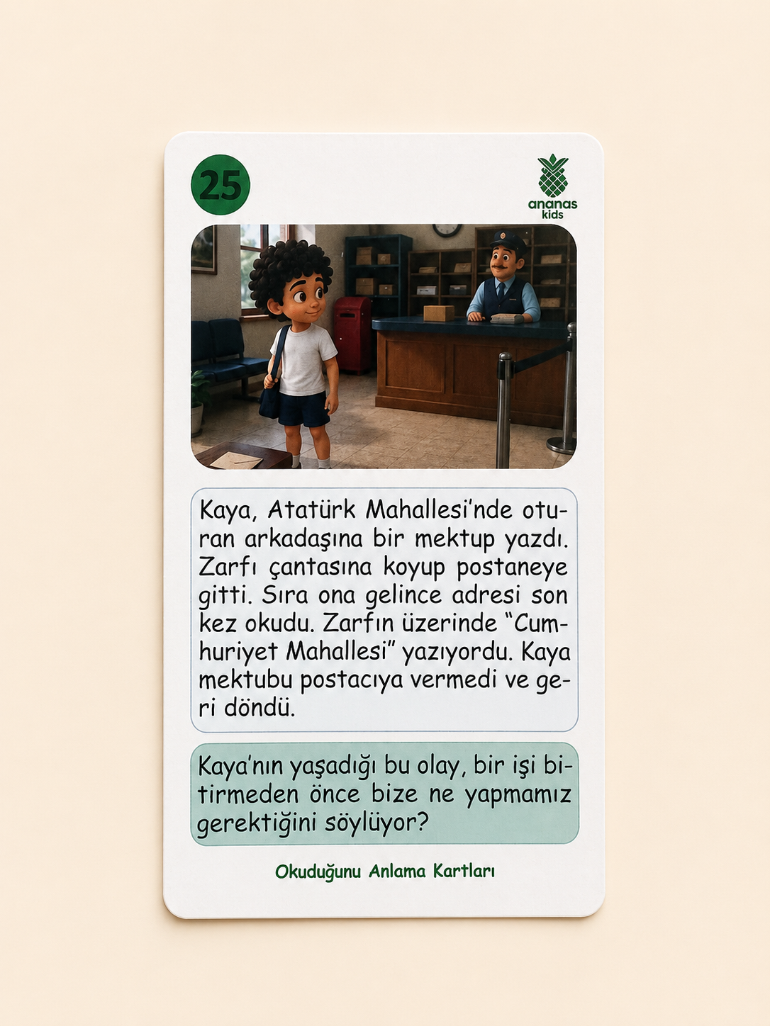 Okuma, düşünme ve yorumlama becerilerini geliştiren kart örneği
