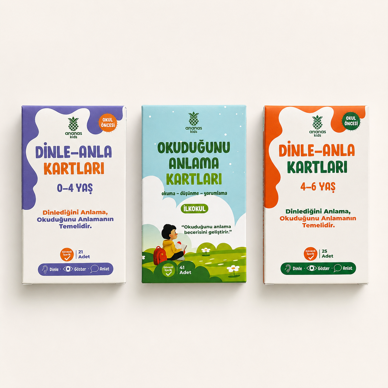 Ananas Kids 0–4 yaş, İlkokul ve 4–6 yaş kart setleri